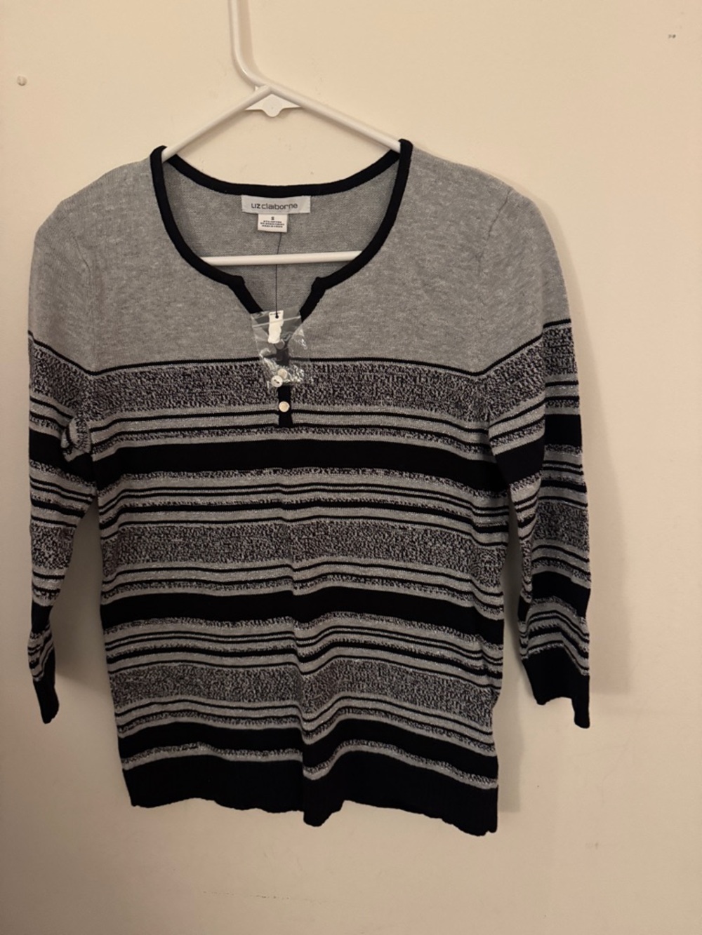Liz Claiborne Black and Gray Striped Scoop Neck Sweater -NWT